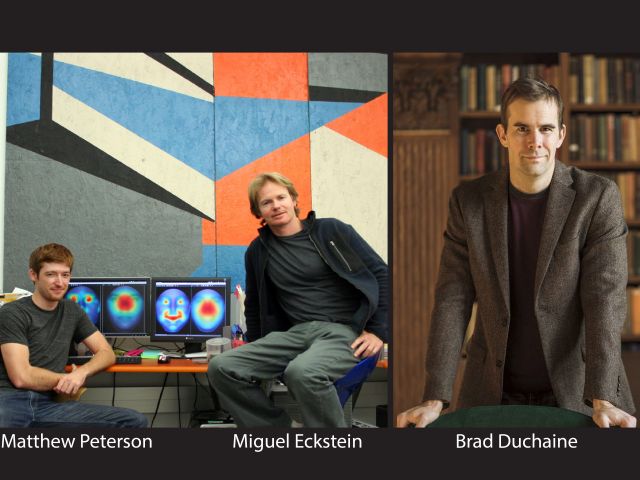 The NSF award will fund longitudinal research exploring the relationship between changes in how children, adolescents, and adults look at faces and changes in how the brain encodes face images. Investigators on the grant comprise Matt (left) and Miguel (center) at UCSB and Brad Duchaine (right) at Dartmouth.